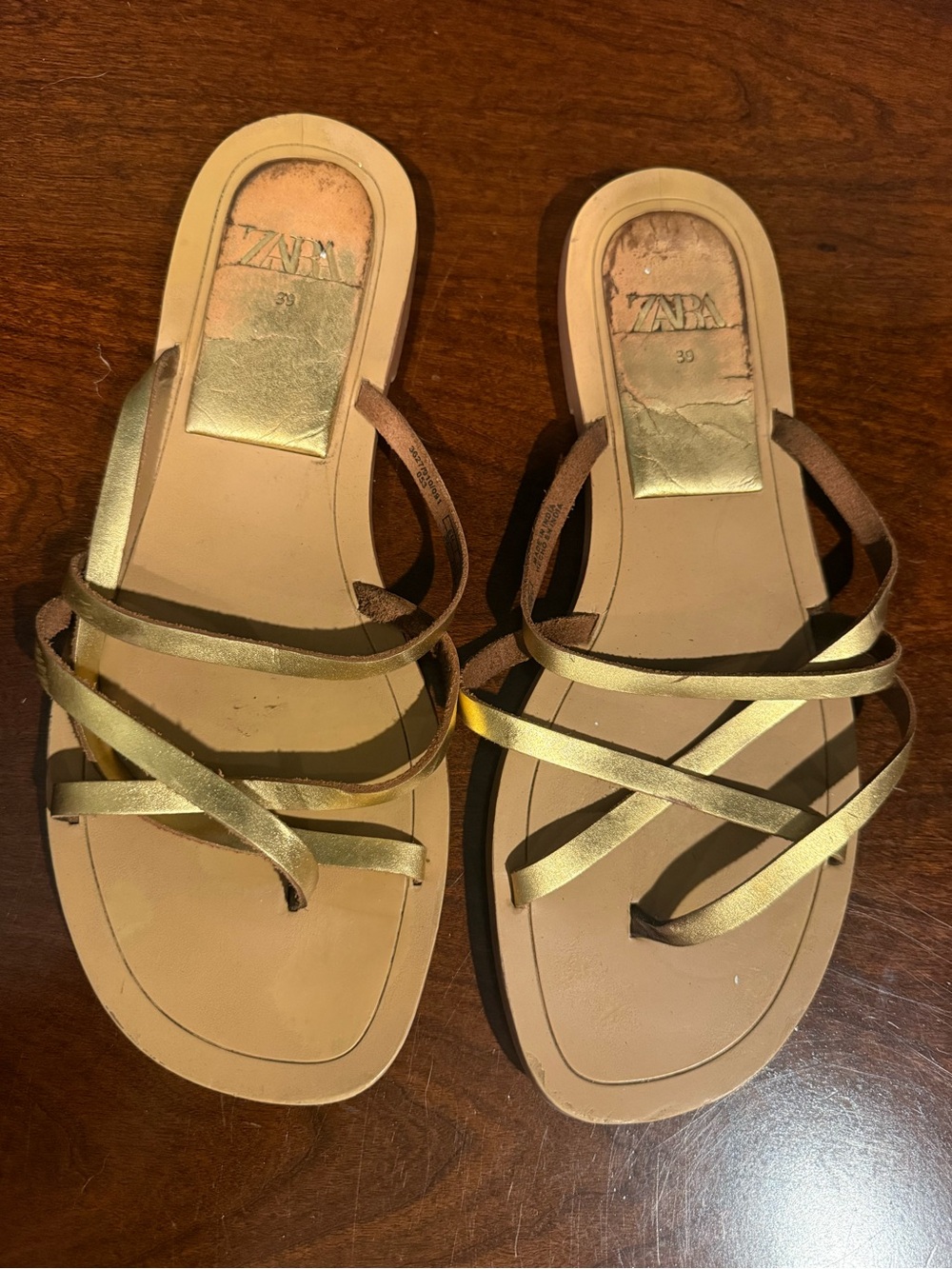 Zara Leather Gold Strappy Slide Sandals - Women